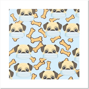 Cute Pugs Wearing Masks Pattern With Bones Graphic illustrations Posters and Art